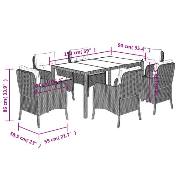 7-tlg. Garten-Essgruppe mit Kissen Schwarz Poly Rattan