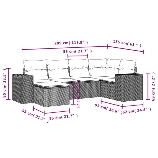 6-tlg. Garten-Sofagarnitur mit Kissen Grau Poly Rattan