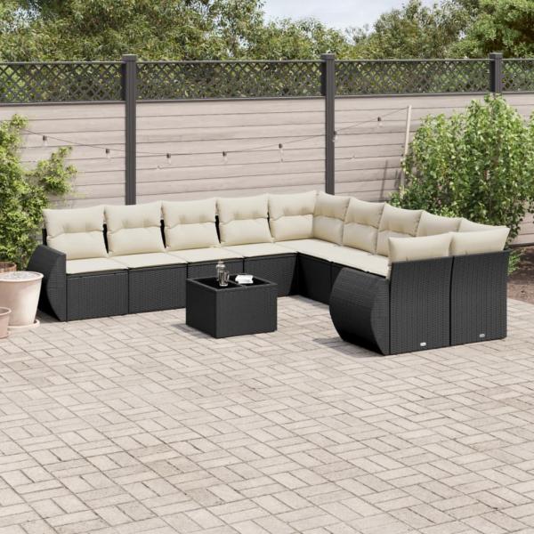 ARDEBO.de - 11-tlg. Garten-Sofagarnitur mit Kissen Schwarz Poly Rattan