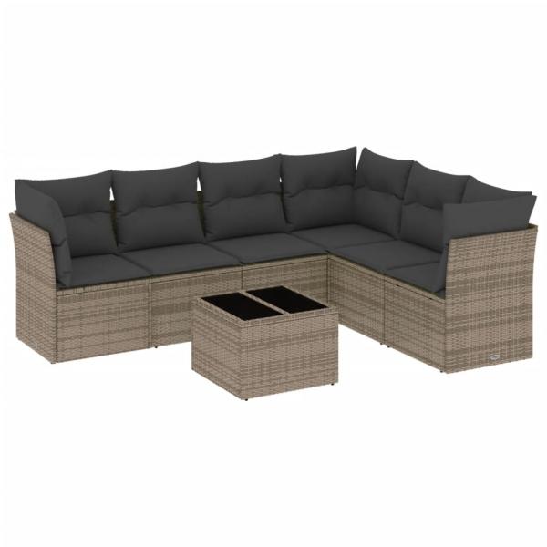 7-tlg. Garten-Sofagarnitur mit Kissen Grau Poly Rattan