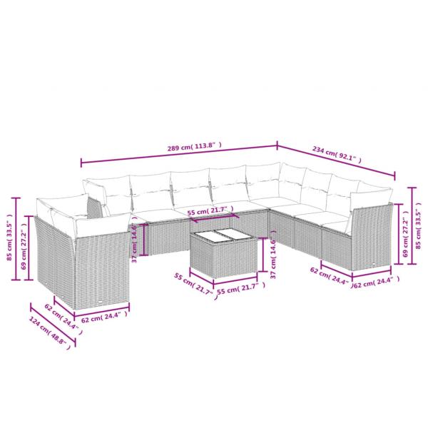 11-tlg. Garten-Sofagarnitur mit Kissen Schwarz Poly Rattan