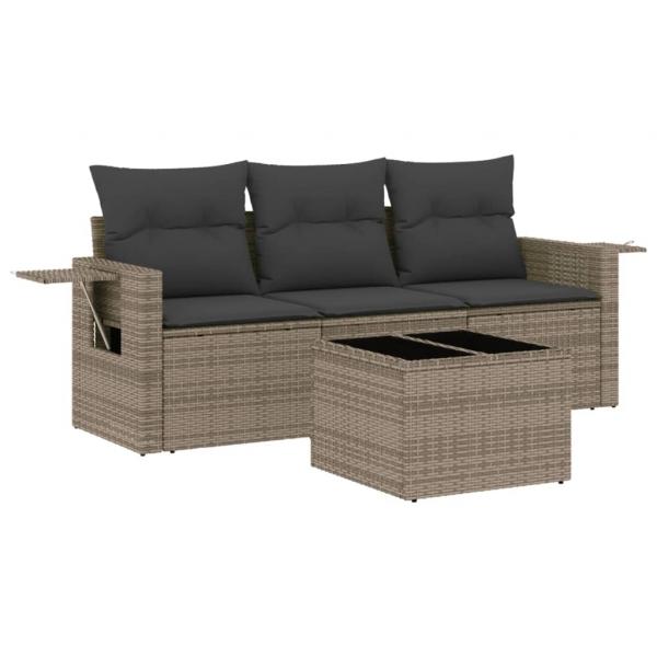 4-tlg. Garten-Sofagarnitur mit Kissen Grau Poly Rattan