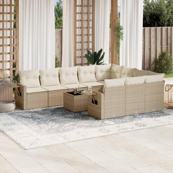 ARDEBO.de - 11-tlg. Garten-Sofagarnitur mit Kissen Beige Poly Rattan