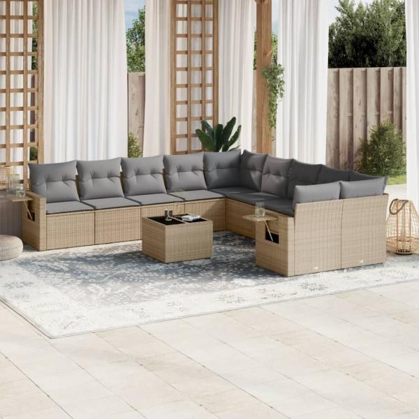 ARDEBO.de - 11-tlg. Garten-Sofagarnitur mit Kissen Beige Poly Rattan