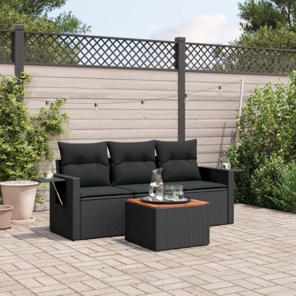 ARDEBO.de - 4-tlg. Garten-Sofagarnitur mit Kissen Schwarz Poly Rattan