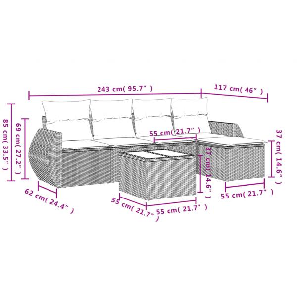 6-tlg. Garten-Sofagarnitur mit Kissen Grau Poly Rattan