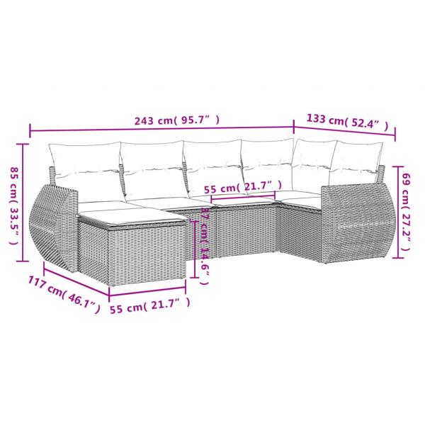 6-tlg. Garten-Sofagarnitur mit Kissen Grau Poly Rattan