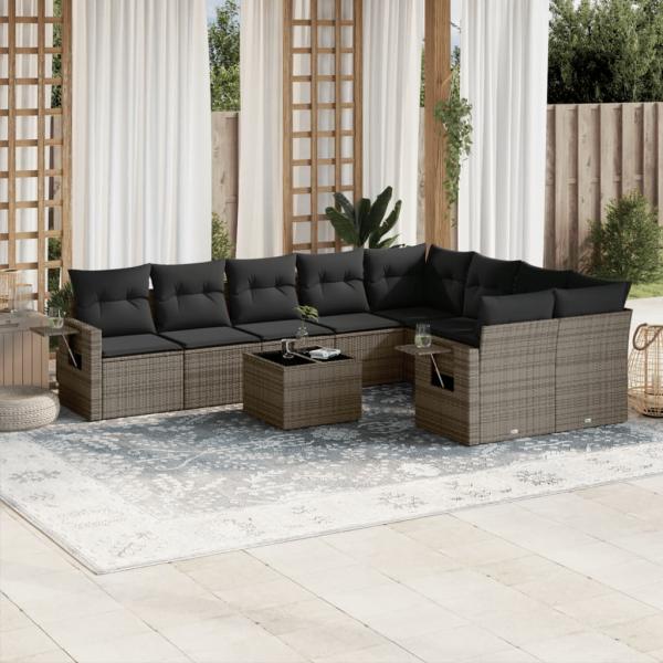 ARDEBO.de - 10-tlg. Garten-Sofagarnitur mit Kissen Grau Poly Rattan