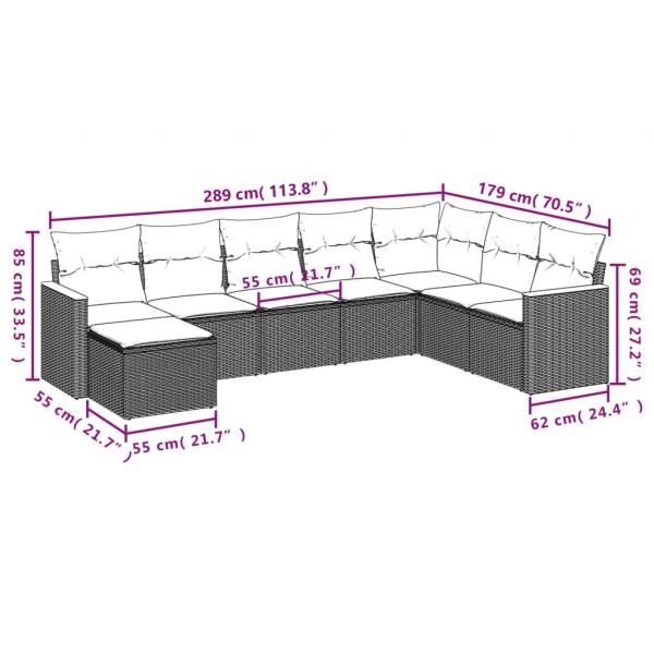 8-tlg. Garten-Sofagarnitur mit Kissen Grau Poly Rattan