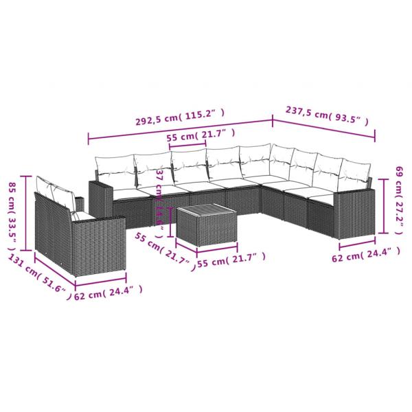 12-tlg. Garten-Sofagarnitur mit Kissen Schwarz Poly Rattan