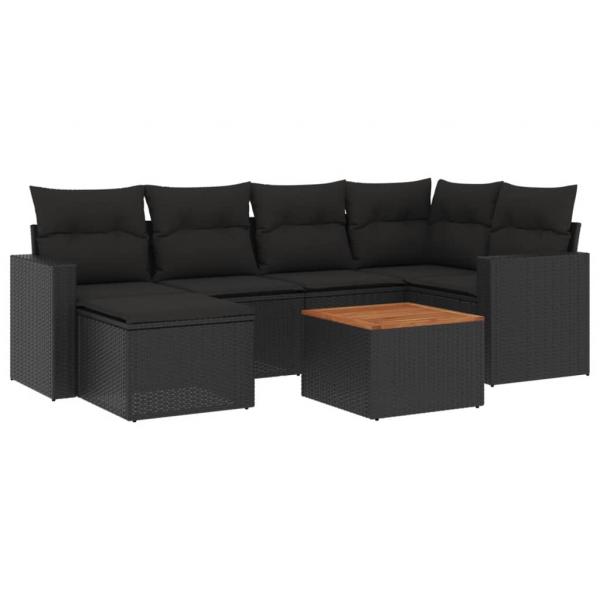 7-tlg. Garten-Sofagarnitur mit Kissen Schwarz Poly Rattan