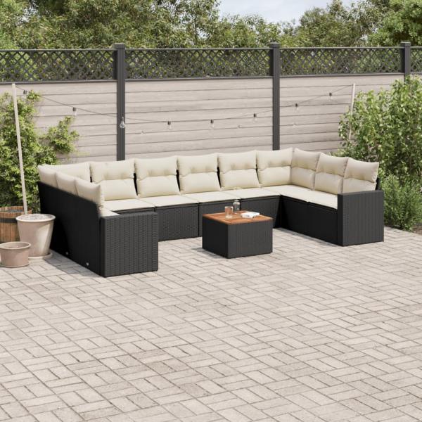 ARDEBO.de - 11-tlg. Garten-Sofagarnitur mit Kissen Schwarz Poly Rattan