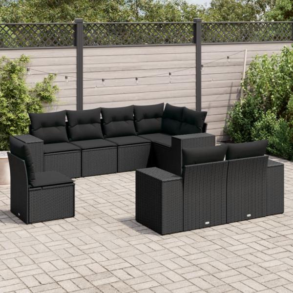 ARDEBO.de - 8-tlg. Garten-Sofagarnitur mit Kissen Schwarz Poly Rattan