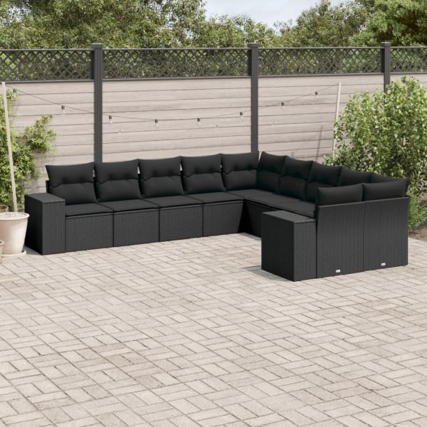 ARDEBO.de - 10-tlg. Garten-Sofagarnitur mit Kissen Schwarz Poly Rattan