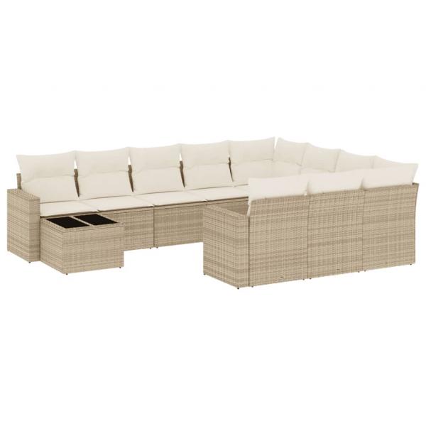 11-tlg. Garten-Sofagarnitur mit Kissen Beige Poly Rattan