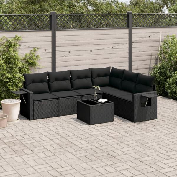 ARDEBO.de - 7-tlg. Garten-Sofagarnitur mit Kissen Schwarz Poly Rattan