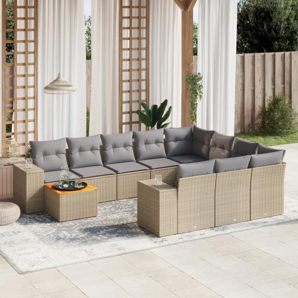 ARDEBO.de - 11-tlg. Garten-Sofagarnitur mit Kissen Beige Poly Rattan