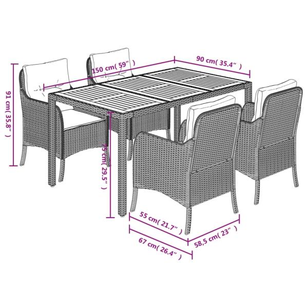 5-tlg. Garten-Essgruppe mit Kissen Grau Poly Rattan