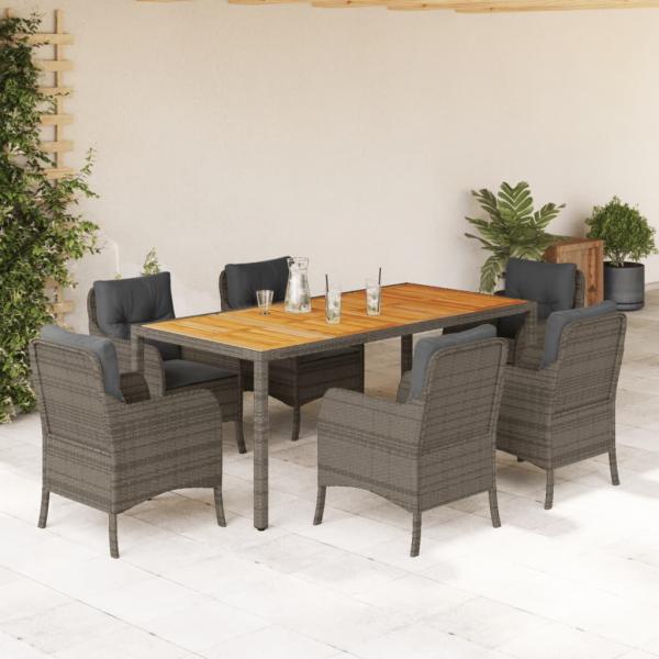 ARDEBO.de - 7-tlg. Garten-Essgruppe mit Kissen Grau Poly Rattan