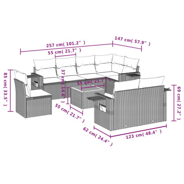 9-tlg. Garten-Sofagarnitur mit Kissen Grau Poly Rattan