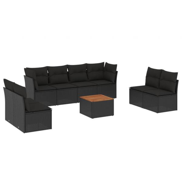 9-tlg. Garten-Sofagarnitur mit Kissen Schwarz Poly Rattan