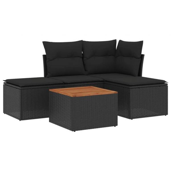 5-tlg. Garten-Sofagarnitur mit Kissen Schwarz Poly Rattan