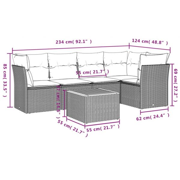 6-tlg. Garten-Sofagarnitur mit Kissen Schwarz Poly Rattan