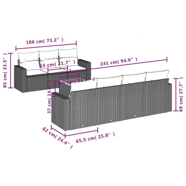 8-tlg. Garten-Sofagarnitur mit Kissen Schwarz Poly Rattan