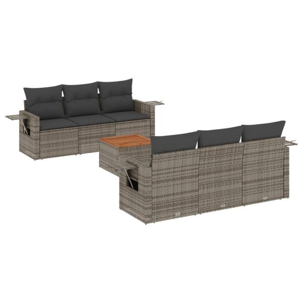 7-tlg. Garten-Sofagarnitur mit Kissen Grau Poly Rattan