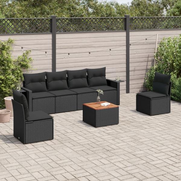 ARDEBO.de - 7-tlg. Garten-Sofagarnitur mit Kissen Schwarz Poly Rattan