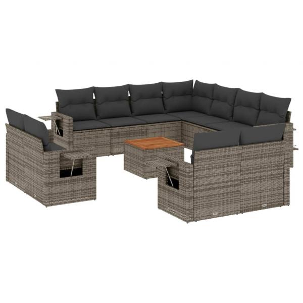 12-tlg. Garten-Sofagarnitur mit Kissen Grau Poly Rattan