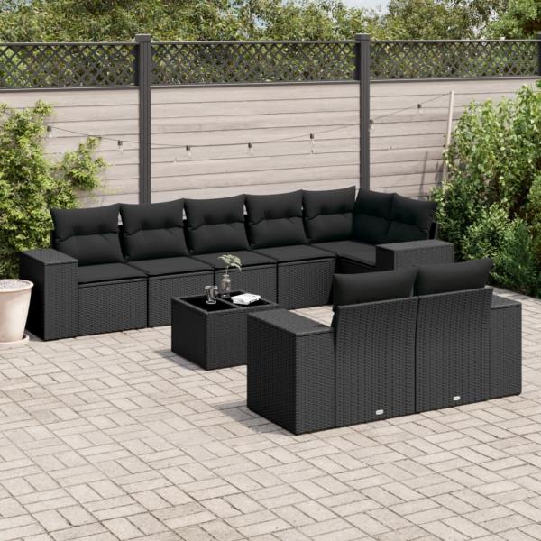 ARDEBO.de - 9-tlg. Garten-Sofagarnitur mit Kissen Schwarz Poly Rattan