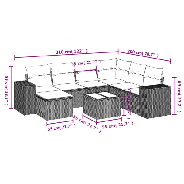 8-tlg. Garten-Sofagarnitur mit Kissen Grau Poly Rattan