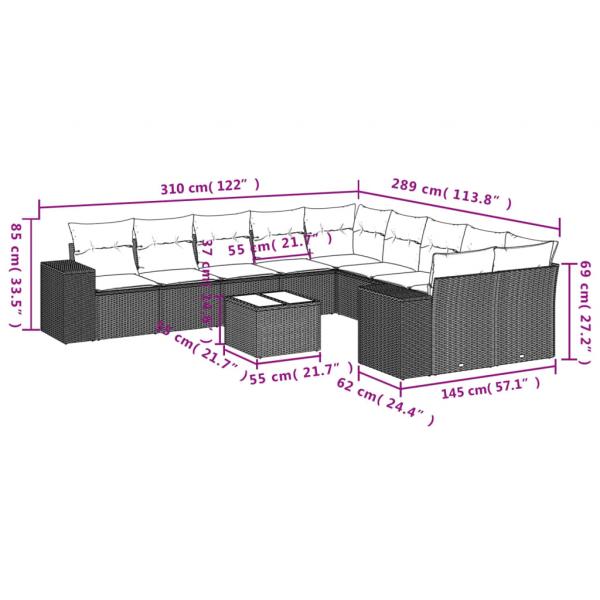 11-tlg. Garten-Sofagarnitur mit Kissen Schwarz Poly Rattan