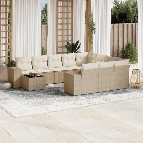 ARDEBO.de - 11-tlg. Garten-Sofagarnitur mit Kissen Beige Poly Rattan