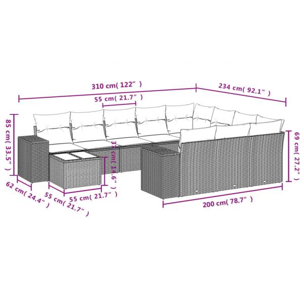 11-tlg. Garten-Sofagarnitur mit Kissen Beige Poly Rattan