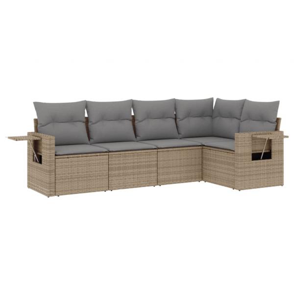 5-tlg. Garten-Sofagarnitur mit Kissen Beige Poly Rattan