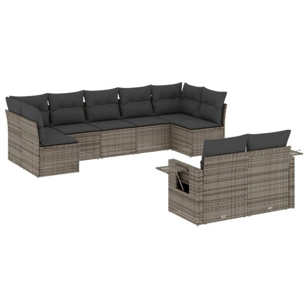 9-tlg. Garten-Sofagarnitur mit Kissen Grau Poly Rattan