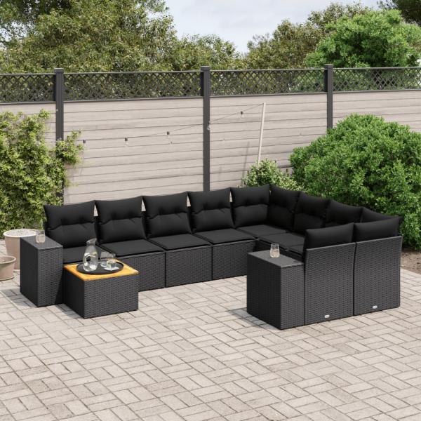 ARDEBO.de - 10-tlg. Garten-Sofagarnitur mit Kissen Schwarz Poly Rattan