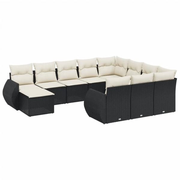 11-tlg. Garten-Sofagarnitur mit Kissen Schwarz Poly Rattan