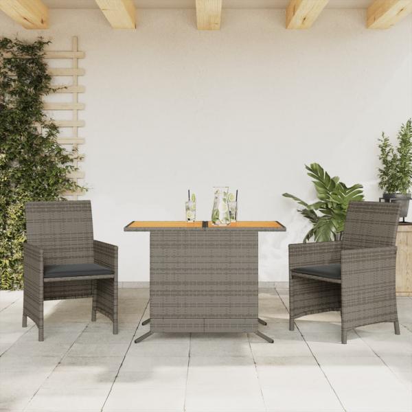 ARDEBO.de - 3-tlg. Bistro-Set mit Kissen Grau Poly Rattan