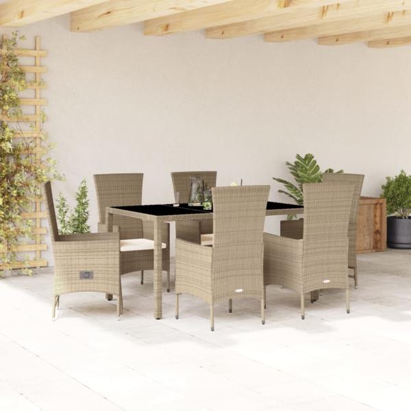 ARDEBO.de - 7-tlg. Garten-Essgruppe mit Kissen Beige Poly Rattan