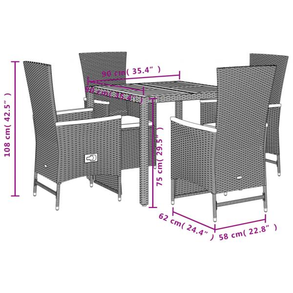 5-tlg. Garten-Essgruppe mit Kissen Schwarz Poly Rattan