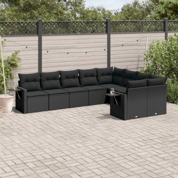 ARDEBO.de - 9-tlg. Garten-Sofagarnitur mit Kissen Schwarz Poly Rattan