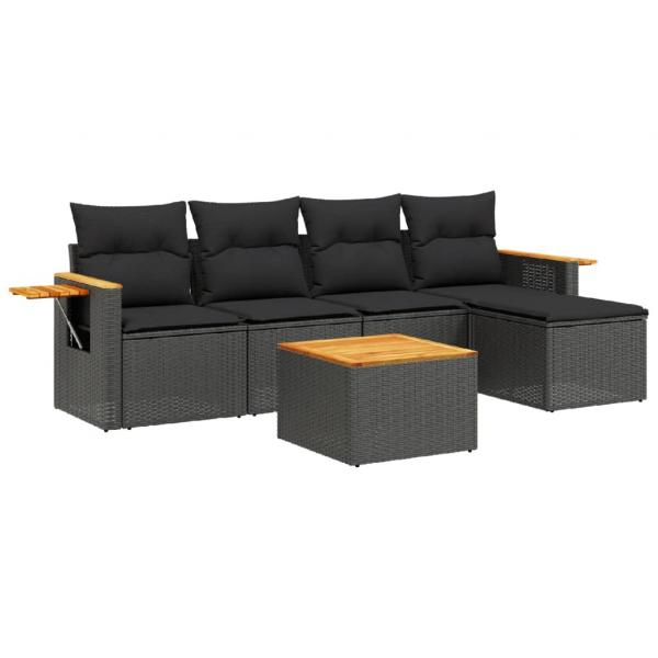 6-tlg. Garten-Sofagarnitur mit Kissen Schwarz Poly Rattan