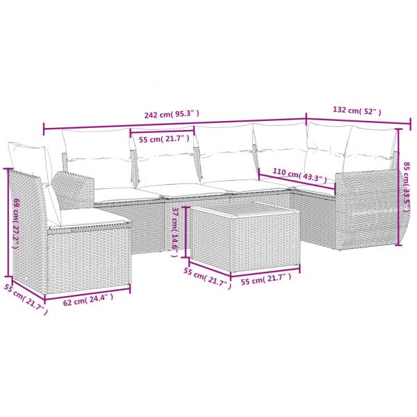 7-tlg. Garten-Sofagarnitur mit Kissen Schwarz Poly Rattan