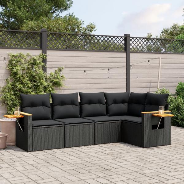 ARDEBO.de - 5-tlg. Garten-Sofagarnitur mit Kissen Schwarz Poly Rattan