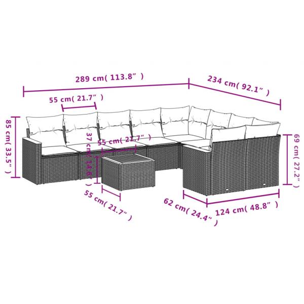 10-tlg. Garten-Sofagarnitur mit Kissen Schwarz Poly Rattan