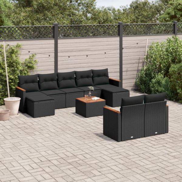 ARDEBO.de - 10-tlg. Garten-Sofagarnitur mit Kissen Schwarz Poly Rattan