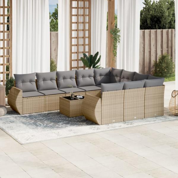 ARDEBO.de - 11-tlg. Garten-Sofagarnitur mit Kissen Beige Poly Rattan